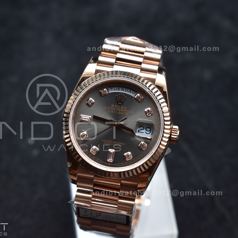 DayDate 36 RG QF Best Edition 904L Steel Grey Dial with Square Diamond on President Bracelet vr3255 V5 (Gain Weight)